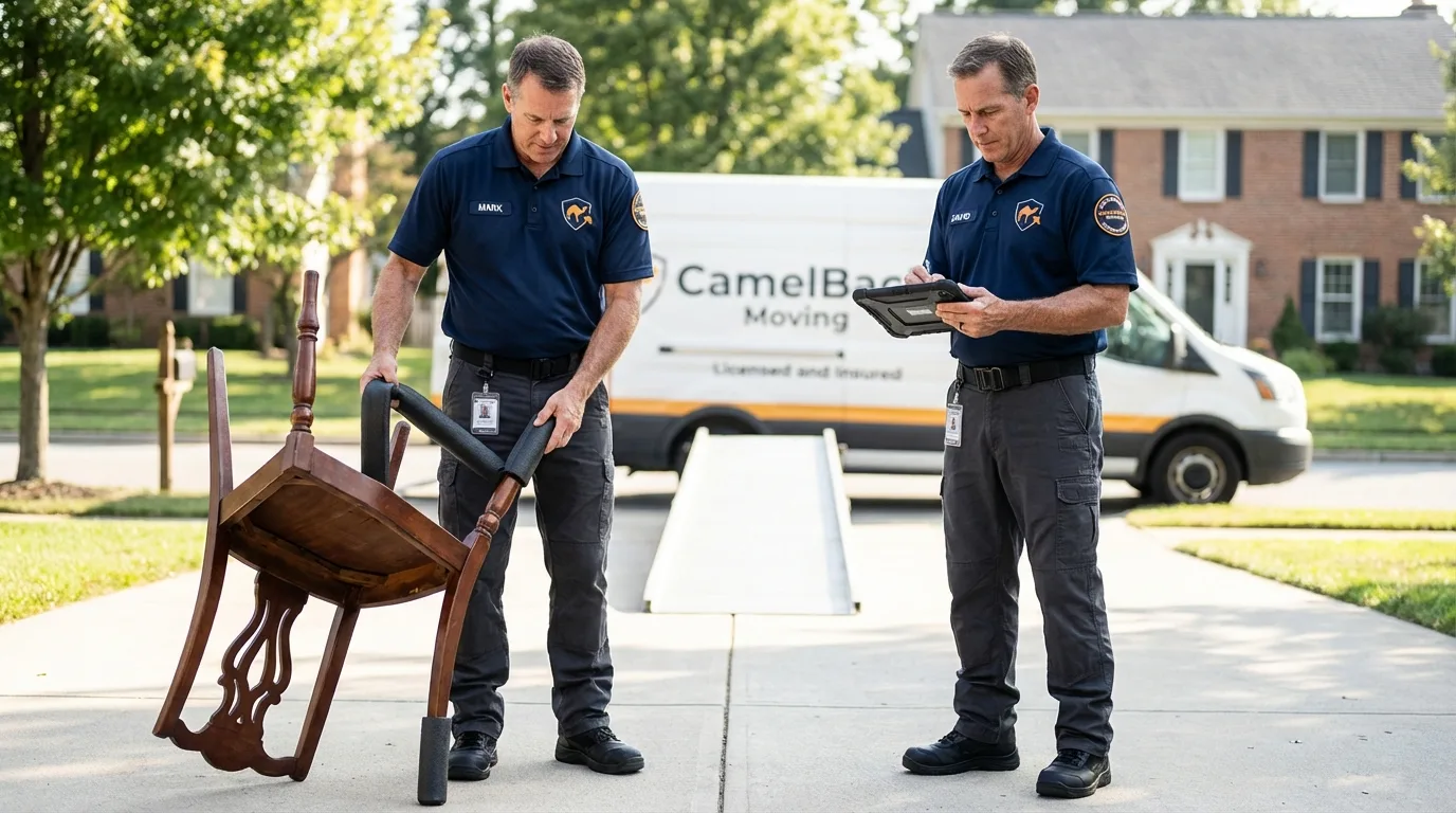Movers inspecting furniture for damage prevention before loading in Cathlamet, WA